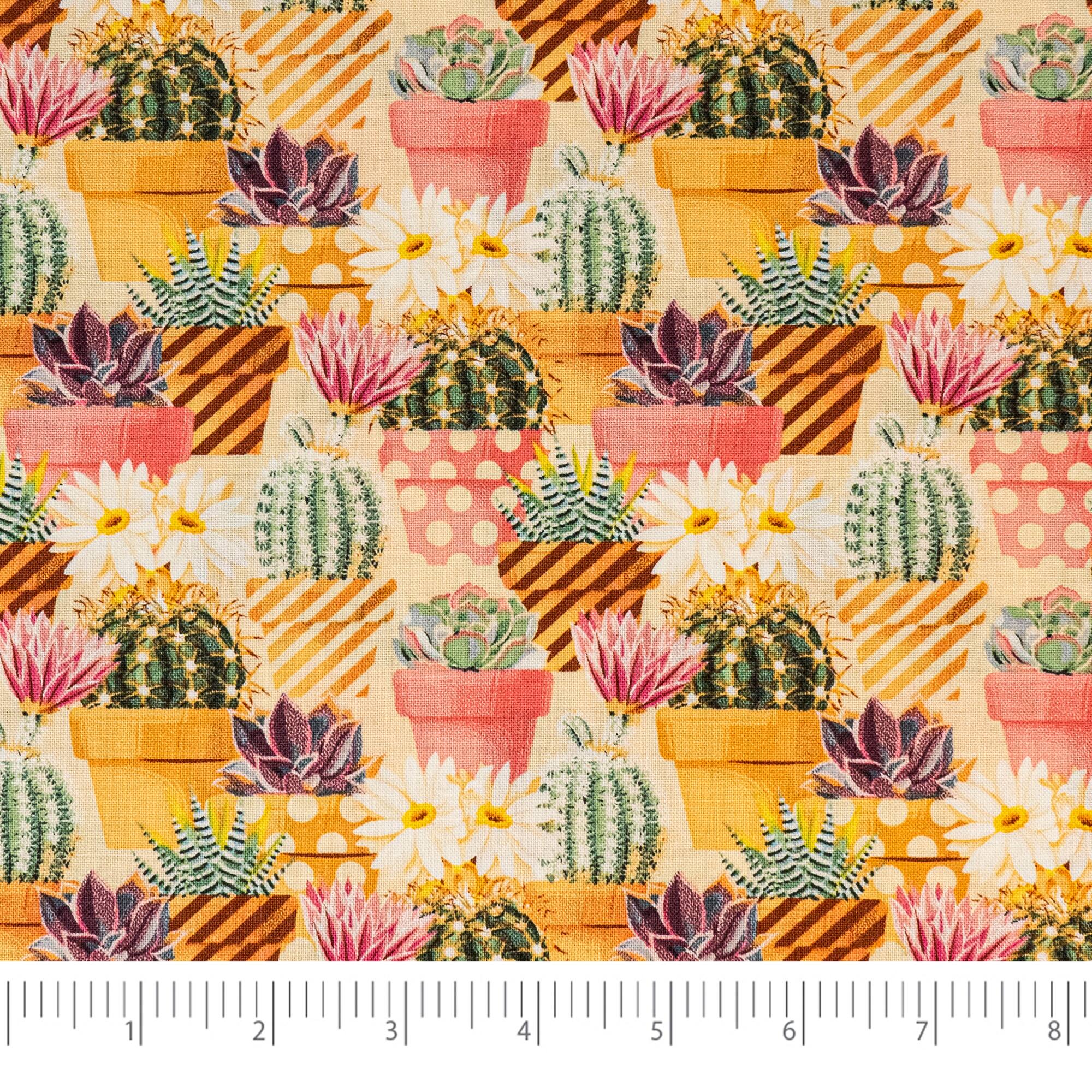 SINGER Succulents on Tan Cotton Fabric